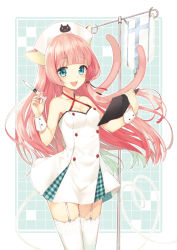 Rule 34 | 1girl, :3, :d, animal ears, blue eyes, breasts, cat ears, cat tail, cleavage, clipboard, criss-cross halter, garter straps, halterneck, halterneck, hat, holding, ichijou kokona, long hair, midorikawa you, multiple tails, nurse, nurse cap, open mouth, original, pink hair, small breasts, smile, solo, syringe, tail, thighhighs, white thighhighs, zettai ryouiki