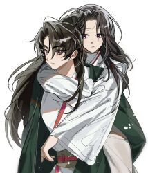 Rule 34 | 1boy, 1girl, arm around back, black hair, carrying, chungmyung, closed mouth, expressionless, green jacket, highres, jacket, long hair, long sleeves, looking to the side, malga (milky721), piggyback, ponytail, purple eyes, return of the mount hua sect, sash, uniform, upper body, white background, yu iseol (return of the mount hua sect)