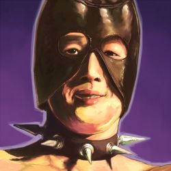 Rule 34 | 1boy, bare pectorals, black neckwear, collar, cropped torso, gachimuchi pants wrestling, grin, leather mask, looking at viewer, male focus, matsutani, outline, pectorals, portrait, purple background, purple outline, realistic, serious, shadow, simple background, smile, solo, spiked collar, spikes, uneven eyes, van darkholme, wrestling (series)