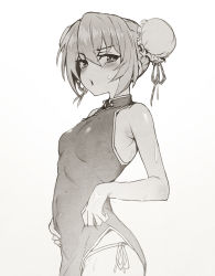 Rule 34 | 1girl, aisaka taiga, bare shoulders, blush, breasts, bun cover, china dress, chinese clothes, cowboy shot, double bun, dress, greyscale, hair bun, highres, looking at viewer, monochrome, open mouth, panties, side-tie panties, side slit, simple background, small breasts, solo, sweat, toradora!, underwear, xiaobang