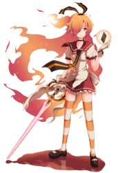 Rule 34 | 10s, 1girl, :/, badge, black footwear, blood, breasts, button badge, choker, collarbone, flaming hair, frown, full body, gen&#039;ei wo kakeru taiyou, gloves, hair over one eye, hair ribbon, highres, holding, holding sword, holding weapon, looking away, magical girl, mary janes, medium breasts, necktie, one side up, orange hair, panikuru yuuto, pool of blood, red eyes, red skirt, ribbon, ripples, shoes, simple background, skirt, solo, sparkle, standing, striped clothes, striped necktie, striped neckwear, striped ribbon, striped thighhighs, sword, taiyou akari, tarot, thighhighs, weapon, white background, white gloves, zettai ryouiki