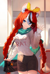 Rule 34 | 1girl, absurdres, animal ear fluff, animal ears, bag, black hair, black shorts, blue eyes, blue scarf, blurry, blurry background, bow, braid, breasts, character name, closed mouth, cropped legs, hair between eyes, hair bow, hakos baelz, hand up, head tilt, highres, hololive, hololive english, interior, jiang ye kiri, light rays, long hair, long sleeves, low twin braids, low twintails, medium breasts, mouse ears, mouse girl, mouse tail, multicolored hair, official alternate costume, official alternate hair length, official alternate hairstyle, red hair, scarf, shirt, shorts, shoulder bag, sleeves past wrists, smile, standing, strawberry baelz, streaked hair, tail, twin braids, twintails, virtual youtuber, waving, white hair, white shirt, yellow bow