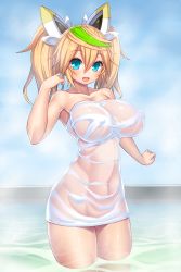 Rule 34 | 1girl, absurdres, alternate costume, aqua eyes, armpits, arms at sides, asamura hiori, bathroom, blonde hair, blue eyes, bow, breasts, collarbone, convenient censoring, covered navel, female focus, gene (pso2), green hair, hair between eyes, hair bow, hair ornament, headgear, highres, huge breasts, indoors, long hair, long twintails, looking at viewer, multicolored hair, navel, nude, open mouth, phantasy star, phantasy star online 2, see-through, shirt, solo, standing, steam, streaked hair, towel, twintails, two-tone hair, wading, water, wet, wet clothes, wet shirt