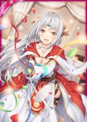 Rule 34 | 1girl, akkijin, breasts, card (medium), chair, confetti, curtains, dress, indoors, looking at viewer, medium breasts, official art, oracle (shinkai no valkyrie), orange eyes, party popper, red dress, shinkai no valkyrie, silver hair, smile, solo, table, tiara