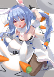 Rule 34 | absurdres, arm up, armpits, black gloves, blue hair, blurry, blurry foreground, blush, braid, breasts, carrot, detached sleeves, dontcare369369, dress, fur-trimmed dress, fur-trimmed gloves, fur collar, fur trim, gloves, hair between eyes, highres, holding, hololive, long hair, multicolored hair, open mouth, pantyhose, rabbit ears, shoes, short eyebrows, short sleeves, small breasts, smile, twin braids, usada pekora, very long hair, virtual youtuber, white dress