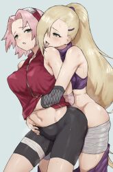 2girls bare_shoulders bike_shorts blonde_hair blush breasts forehead green_eyes grey_background hair_over_one_eye haruno_sakura highres long_hair looking_at_another m_k medium_breasts multiple_girls naruto naruto_(series) navel open_mouth pink_hair ponytail red_shirt sarashi shirt short_hair simple_background sleeveless sleeveless_shirt smile standing stomach sweat tongue tongue_out yamanaka_ino yuri