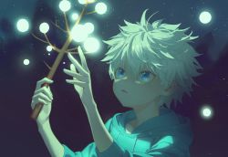 Rule 34 | 1boy, aqua hoodie, black background, blue eyes, branch, bug, dark, drawstring, fireflies, glowing, hands up, highres, holding, holding branch, hood, hood down, hunter x hunter, jerryfish1124, killua zoldyck, light particles, long sleeves, looking away, looking up, male focus, parted lips, portrait, short hair, solo, spiked hair, white hair