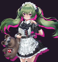 Rule 34 | 1girl, absurdres, apron, bingliovo, blush, closed mouth, corin wickes, green hair, highres, long hair, looking at viewer, maid, maid apron, maid headdress, purple eyes, short sleeves, smile, solo, stuffed animal, stuffed toy, teddy bear, twintails, zenless zone zero