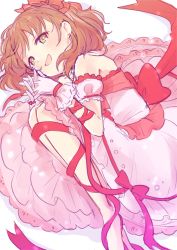 Rule 34 | armlet, armpits, artist request, bare shoulders, barefoot, bow, breasts, brown hair, dress, dress bow, earrings, eyelashes, feet, female focus, frilled dress, frills, gloves, hair bow, hair ornament, hair ribbon, happy, headband, heart, heart-shaped pupils, heart earrings, highres, idolmaster, idolmaster cinderella girls, interlocked fingers, jewelry, knees to chest, knees up, legs, legs together, long hair, looking at viewer, lying, medium breasts, namco, neck, on side, open mouth, own hands together, pink dress, ribbon, sakuma mayu, sidelocks, sleeveless, sleeveless dress, symbol-shaped pupils, white gloves, wide dress, yellow eyes