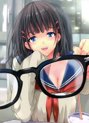 Rule 34 | 1girl, absurdres, black hair, blue eyes, blush, breasts, cleavage, fangs, glasses, hair ornament, hairclip, highres, long hair, looking at viewer, open mouth, original, pov, school uniform, serafuku, small breasts, smile, solo, taira tsukune