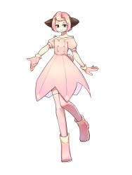 Rule 34 | 1girl, animal ears, blush, brown eyes, cleffa, creatures (company), dress, full body, game freak, gen 2 pokemon, gloves, highres, looking at viewer, nintendo, personification, pink dress, pink footwear, pink gloves, pink thighhighs, pokemon, short hair, short sleeves, simple background, smile, solo, standing, standing on one leg, sunuo de justwe zidong shou huoji, thighhighs, white background
