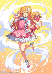 Rule 34 | 2girls, amiami (company), amico, blush, dress, frilled dress, frills, full body, gradient hair, green eyes, hair between eyes, highres, holding, holding wand, leg up, long hair, magical girl, multicolored hair, multiple girls, official art, open mouth, orange hair, pink footwear, shoes, short sleeves, simple background, socks, sparkle, two side up, wand, white socks, yumekui