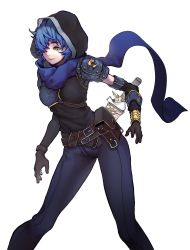 Rule 34 | 1girl, armor, belt, belt pouch, blue hair, blue scarf, breastplate, brown gloves, closed mouth, fantasy, gloves, grey background, hair over one eye, highres, hood, hood up, original, pauldrons, pouch, rogue, scabbard, scarf, scratches, sheath, sheathed, short hair, shoulder armor, simple background, smile, solo, weapon, yellow eyes, zero808w