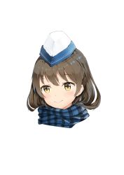 Rule 34 | 1girl, absurdres, blue scarf, blush, brown hair, closed mouth, hat, highres, looking at viewer, original, scarf, short hair, sketch, smile, solo, upper body, white hat, yellow eyes, yi zhi bai bo