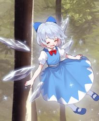 Rule 34 | 1girl, ^ ^, blue bow, blue footwear, blue hair, blue skirt, blue vest, blush, bow, bowtie, cirno, closed eyes, commentary, floating, forest, full body, hair bow, heoningu, ice, ice wings, mary janes, nature, open mouth, puffy short sleeves, puffy sleeves, red bow, red bowtie, shirt, shoes, short hair, short sleeves, skirt, skirt set, smile, solo, sparkle, symbol-only commentary, touhou, vest, white legwear, white shirt, wings