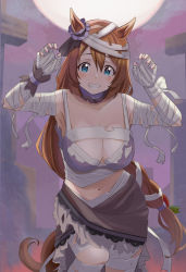Rule 34 | 1girl, animal ears, bandages, blue eyes, bow, breasts, brown hair, cleavage, commentary request, ear ribbon, hair between eyes, hands up, highres, horse ears, horse girl, horse tail, large breasts, long hair, looking at viewer, navel, nhb haribote, purple ribbon, ribbon, solo, super creek (chiffon ribbon mummy) (umamusume), super creek (umamusume), tail, umamusume