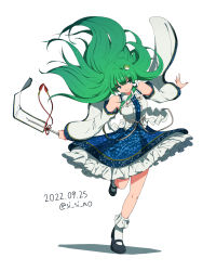 Rule 34 | 1girl, adapted costume, arms at sides, bare shoulders, black footwear, black skirt, bobby socks, breasts, commentary request, detached sleeves, floating hair, frilled skirt, frills, frog hair ornament, full body, gohei, green hair, hair ornament, highres, holding, kochiya sanae, long hair, long sleeves, mary janes, medium breasts, nontraditional miko, oonusa, red ribbon, ribbon, shishi osamu, shoes, skirt, snake hair ornament, socks, solo, standing, standing on one leg, tassel, touhou, very long hair, vest, white sleeves, white socks, white vest, wide sleeves
