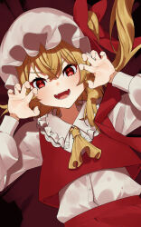 Rule 34 | 1girl, absurdres, ascot, awoyo 519, blonde hair, claw pose, cowboy shot, dutch angle, fangs, flandre scarlet, frills, hat, hat ribbon, highres, looking at viewer, medium hair, mob cap, open mouth, red eyes, red ribbon, ribbon, side ponytail, solo, touhou, yellow ascot