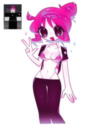 1018sus 1girl :d aegyo_sal arm_at_side bikini black_eyes black_jacket black_pants breasts bright_pupils collarbone colored_skin cowlick feet_out_of_frame fewer_digits guest_(roblox) hair_between_eyes hair_bun hand_up heart heart_in_eye highleg highleg_bikini highres jacket looking_at_viewer medium_breasts navel no_nose open_clothes open_jacket open_mouth pants pink_bikini pink_hair pink_jacket pink_pupils reference_inset roblox short-sleeved_jacket short_hair short_sleeves sidelocks simple_background single_hair_bun smile solo sparkle standing swimsuit symbol_in_eye thigh_gap two-sided_fabric two-sided_jacket very_big_eyes w white_background white_skin