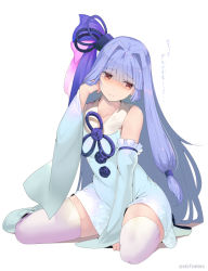 Rule 34 | 1girl, bare shoulders, blue flower, blue hair, blue rose, blunt bangs, blush, breasts, closed mouth, detached sleeves, dress, flower, full body, hair ribbon, kotonoha aoi, long hair, long sleeves, looking away, medium breasts, red eyes, ribbon, rose, sitting, solo, sts, thighhighs, translation request, very long hair, voiceroid, white dress, white thighhighs, wide sleeves