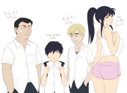 Rule 34 | 1girl, 3boys, ass, black hair, brother and sister, multiple boys, ponytail, rannero, shorts, siblings