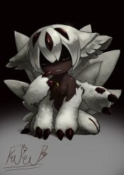 Rule 34 | 1girl, angry, black skin, claws, colored skin, dark, dated, extra arms, faputa, female focus, fur, highres, keureu, kneeling, made in abyss, monster girl, sharp teeth, signature, solo, teeth, white hair