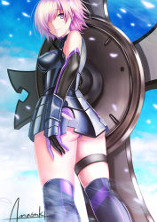Rule 34 | 1girl, amasaki yusuke, armor, artist name, ass, breasts, closed mouth, day, fate/grand order, fate (series), from behind, hair over one eye, looking back, mash kyrielight, medium breasts, outdoors, purple eyes, purple hair, shield, short hair, signature, smile, solo, standing, thigh strap, wind