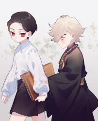 Rule 34 | 2boys, 779762391 (lofter), aged down, arm grab, bead necklace, beads, black hair, black kimono, black shorts, book, closed mouth, clothes grab, collared shirt, cowboy shot, douma (kimetsu no yaiba), dress shirt, from side, frown, grey background, grey hair, highres, holding, holding book, japanese clothes, jewelry, kibutsuji muzan, kimetsu no yaiba, kimono, long sleeves, looking at another, looking at viewer, looking away, looking to the side, male focus, multicolored eyes, multiple boys, necklace, pout, red eyes, sash, shirt, shirt tucked in, short hair, shorts, sleeves past wrists, time paradox, walking, white hair, white shirt, wide sleeves