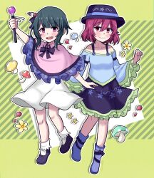 Rule 34 | 2girls, blunt bangs, boots, capelet, commission, fiora hyacinth, green hair, hat, highres, holding baton, multiple girls, mushroom, nansei project, off-shoulder shirt, off shoulder, pink eyes, red eyes, red hair, shirt, short hair, short hair with long locks, skirt, smile, warai aisoo, white skirt, ximsol182