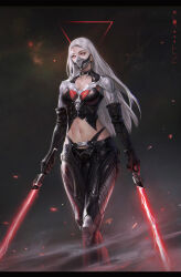 Rule 34 | 1girl, breasts, cleavage, commentary, dual wielding, elbow gloves, energy sword, english commentary, feet out of frame, gloves, highres, holding, holding lightsaber, large breasts, lightsaber, long sleeves, mask, mouth mask, navel, original, red eyes, red lightsaber, simple background, sith, solo, star wars, sword, weapon, whata, white hair