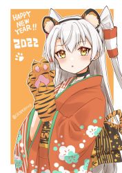 Rule 34 | 1girl, 2022, amatsukaze (kancolle), animal ears, animal hands, blush, border, chinese zodiac, cocoperino, fake animal ears, floral print, gloves, hair between eyes, hair tubes, happy new year, highres, japanese clothes, kantai collection, kimono, long hair, long sleeves, new year, obi, open mouth, orange kimono, paw gloves, paw print, print kimono, sash, silver hair, solo, tiger ears, tiger paws, twitter username, two side up, upper body, white border, wide sleeves, year of the tiger, yellow eyes
