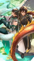 Rule 34 | black hair, chinese clothes, closed mouth, company connection, dan heng (honkai: star rail), dan heng (imbibitor lunae) (honkai: star rail), day, detached sleeves, dragon boy, dragon horns, dragon tail, earrings, genshin impact, green eyes, green horns, hair between eyes, hanfu, highres, honkai: star rail, honkai (series), horns, image sample, jewelry, long hair, long sleeves, male focus, multiple boys, ntk jz, official alternate costume, outdoors, pixiv sample, pointy ears, sitting, smile, tail, zhongli (genshin impact)