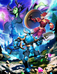 Rule 34 | &gt;:o, 1boy, 2girls, :o, armor, breastplate, castle, closed mouth, colored skin, covered navel, day, dress, enchantress (shovel knight), full armor, full body, gauntlets, gem, genzoman, grass, green skin, hands up, helmet, holding, holding shield, holding shovel, horns, long sleeves, mole, mole under eye, multiple girls, open mouth, outdoors, shield, shield knight, shoulder armor, shovel, shovel knight, shovel knight (character), pauldrons, v-shaped eyebrows, wide sleeves, worktool