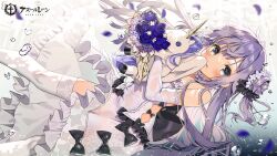 Rule 34 | 1girl, azur lane, bare shoulders, black ribbon, blue flower, blush, bouquet, dress, elbow gloves, flower, gloves, green eyes, hair between eyes, hair flower, hair ornament, harunoibuki, highres, holding, holding bouquet, horns, long hair, looking at viewer, official art, open mouth, pleated dress, purple hair, ribbon, side ponytail, single horn, solo, stuffed unicorn, thighhighs, underwater, unicorn (azur lane), white dress, white gloves, white thighhighs