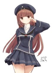 Rule 34 | 1girl, adapted costume, artist name, blue shirt, blue skirt, brown eyes, clothes writing, cowboy shot, dated, hat, highres, kantai collection, long hair, owa (ishtail), red hair, sailor collar, sailor hat, shirt, simple background, skirt, solo, white background, z3 max schultz (kancolle)