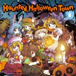 Rule 34 | 6+girls, album cover, animal ears, at pokky, blonde hair, blue hair, boots, bow, braid, brown hair, candle, candy, capelet, closed eyes, cover, crystal, english text, eyeball, flandre scarlet, flat cap, floppy ears, food, hair bow, hair ornament, halloween, hammer, hat, hat ribbon, imaizumi kagerou, jack-o&#039;-lantern, kirisame marisa, komeiji koishi, light, lollipop, long hair, long sleeves, looking at viewer, mary janes, mob cap, mouse ears, multiple girls, nazrin, open mouth, profile, puffy sleeves, rabbit ears, red eyes, ribbon, ringo (touhou), seiran (touhou), shirt, shoes, short hair, short sleeves, side braid, silver hair, single braid, sitting, skirt, skirt set, skull, smile, socks, string, sweets, text focus, third eye, tongue, tongue out, touhou, vest, wings, witch hat, wolf ears, yellow eyes