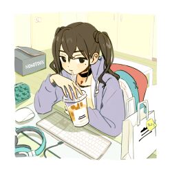 Rule 34 | 1girl, 3:, arm rest, bag, bedroom, black choker, black eyes, border, box, brown hair, cable, choker, closed mouth, crossed bangs, cup, dated commentary, desk, disposable cup, door, drawstring, drink, drinking, drinking straw, drinking straw in mouth, dutch angle, elbow rest, expressionless, hair between eyes, hand up, headphones, headphones removed, highres, holding, holding cup, holding drink, hood, hood down, hoodie, idolmaster, idolmaster cinderella girls, indoors, iwashi iwashimo, jewelry, keyboard (computer), long hair, looking at viewer, looking to the side, mole, mole under eye, mouse (computer), on chair, on desk, open clothes, open hoodie, paper bag, pencil case, pendant, pendant choker, purple hoodie, shark print, shopping bag, solo, sticky note, stuffed animal, stuffed shark, stuffed toy, sunazuka akira, table, twintails, upper body, wardrobe, white border, wooden floor
