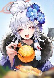 Rule 34 | 1girl, absurdres, blue archive, blush, bow, braid, chopsticks, feeding, flower, food, fur, fur collar, fur scarf, fur trim, gradient background, grey hair, hair bow, hair bun, hair flower, hair ornament, halo, haruna (blue archive), haruna (new year) (blue archive), highres, holding, holding chopsticks, incoming food, japanese clothes, kimono, long hair, long sleeves, looking at viewer, official alternate costume, open mouth, red eyes, side braid, single hair bun, single wing, smile, solo, upper body, wellsy, wings