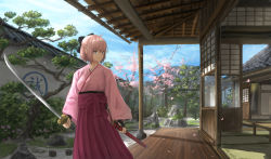 Rule 34 | 1girl, ahoge, architecture, black bow, blonde hair, bow, cherry blossoms, closed mouth, commentary request, day, east asian architecture, fate (series), garden, grey eyes, hair bow, hakama, hakama skirt, high-waist skirt, highres, holding, holding sword, holding weapon, japanese clothes, k ryo, katana, kimono, koha-ace, okita souji (fate), okita souji (koha-ace), pink kimono, pleated skirt, purple skirt, revision, scabbard, sheath, skirt, sky, solo, sword, tree, wall, weapon