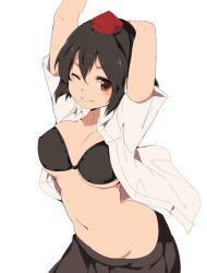 Rule 34 | 1girl, arms up, bad id, bad twitter id, black hair, blush, bra, breasts, covered erect nipples, grin, hasebe yuusaku, hat, looking at viewer, md5 mismatch, midriff, navel, one eye closed, open clothes, open shirt, red eyes, resized, shameimaru aya, shirt, short hair, short sleeves, simple background, skirt, smile, solo, stretching, tokin hat, touhou, underwear, upper body, white background