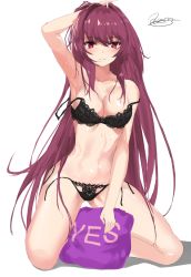 Rule 34 | 1girl, arm up, black bra, black panties, bra, breasts, cleavage, collarbone, fate/grand order, fate (series), kesoshirou, lace, lace-trimmed bra, lace-trimmed panties, lace trim, large breasts, lingerie, long hair, looking at viewer, navel, panties, parted lips, purple hair, red eyes, scathach (fate), signature, sketch, solo, strap slip, underwear, underwear only, yes-no pillow