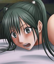 Rule 34 | 00s, 1girl, black eyes, black hair, breasts, close-up, crimson comics, d.gray-man, earrings, female focus, green eyes, green hair, j-girl fight, jewelry, lenalee lee, matching hair/eyes, open mouth, sexually suggestive, solo, sweatdrop, topless frame, twintails