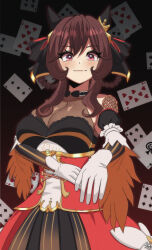 1girl absurdres breasts brown_hair cleavage color_neko_(user_yfvc3323) ear_covers gentildonna_(umamusume) gloves highres horse_girl looking_at_viewer poker red_eyes smile solo umamusume white_gloves