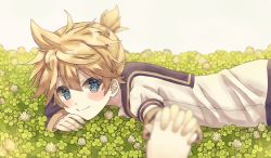 Rule 34 | 1boy, black collar, black sleeves, blonde hair, blue eyes, blurry, blurry background, blurry foreground, blush, clover, collar, commentary, flower, highres, kagamine len, looking at viewer, lying, male focus, on stomach, pov, pov hands, sailor collar, school uniform, shirt, short ponytail, short sleeves, smile, spiked hair, tsutsuji (suisai02), upper body, vocaloid, white shirt