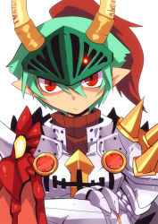 Rule 34 | 1boy, armor, breastplate, closed mouth, commentary request, crossed arms, emon-yu, gauntlets, green hair, hair between eyes, horns, looking at viewer, male focus, pauldrons, plume, pointy ears, ragnarok online, red eyes, rune knight (ragnarok online), short hair, shoulder armor, simple background, solo, spiked pauldrons, upper body, visor (armor), white background