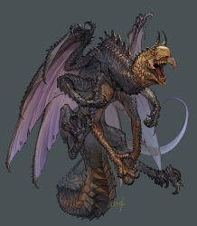 Rule 34 | claws, dragon, fantasy, flying, full body, grey background, highres, horns, looking at viewer, monster, multiple legs, multiple wings, nishiki areku, no humans, open mouth, orange eyes, original, scales, sharp teeth, simple background, solo, spikes, tail, teeth, tongue, torn wings, wings