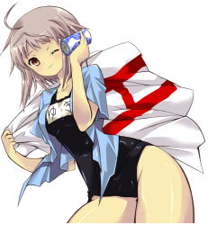 Rule 34 | 00s, 1girl, black one-piece swimsuit, blush, can, grey hair, nagato yuki, name tag, no pants, one-piece swimsuit, one eye closed, open clothes, open shirt, school swimsuit, shirt, short hair, solo, suzumiya haruhi no yuuutsu, swimsuit, swimsuit under clothes, wink, yuutarou