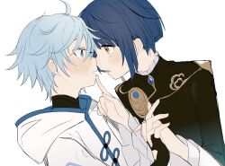 Rule 34 | 2boys, ahoge, asymmetrical bangs, blue eyes, blue hair, blue trim, blush, chinese clothes, chongyun (genshin impact), earrings, eye contact, finger to another&#039;s mouth, frilled shirt collar, frills, from side, genshin impact, highres, holding hands, hood, hoodie, interlocked fingers, jewelry, light blue hair, long coat, long sleeves, looking at another, male focus, multiple boys, parted lips, short hair, simple background, single earring, sweatdrop, tassel, tassel earrings, upper body, white background, white hoodie, xingqiu (genshin impact), yaoi, yellow eyes, yoko (nz g)