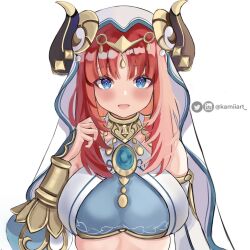 Rule 34 | 1girl, arabian clothes, artist name, blue eyes, blue nails, blush, breasts, crop top, dancer, fake horns, genshin impact, horns, instagram logo, instagram username, kamiiart, long hair, looking at viewer, medium breasts, midriff, nilou (genshin impact), open mouth, red hair, smile, solo, twintails, twitter logo, twitter username, upper body
