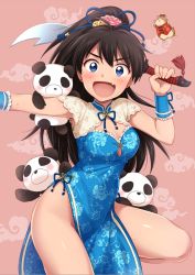 Rule 34 | &gt;:d, 1girl, :d, animal, antenna hair, bare hips, bare legs, black hair, blue dress, blue eyes, blue ribbon, blush, breasts, china dress, chinese clothes, cleavage, cleavage cutout, clothing cutout, dao (weapon), dress, earrings, fang, flower, ganaha hibiki, hair flower, hair ornament, hamster, hamuzou, hiiringu, holding, holding sword, holding weapon, idolmaster, idolmaster (classic), jewelry, leg up, long hair, looking at viewer, medium breasts, no panties, open mouth, outstretched arm, pelvic curtain, pink background, pink flower, pink rose, ponytail, ribbon, rose, saber (weapon), sanpaku, shiny skin, side slit, simple background, sleeveless, sleeveless dress, smile, solo, standing, standing on one leg, stud earrings, stuffed animal, stuffed panda, stuffed toy, sword, tareme, tassel, thick eyebrows, unmoving pattern, unsheathed, v-shaped eyebrows, weapon, whiskers
